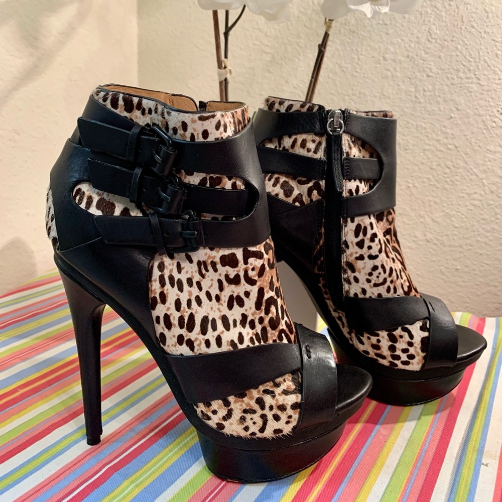 L.A.M.B Dorrie open toe, leopard genuine leather and calf hair booties